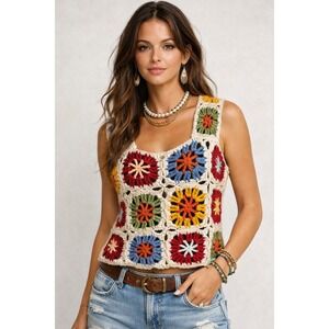 Crochet Granny Square Vest Top Sleeveless Boho Hippie Festival Colorful